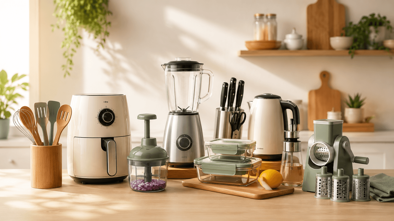 Home essentials neatly arranged on a kitchen counter